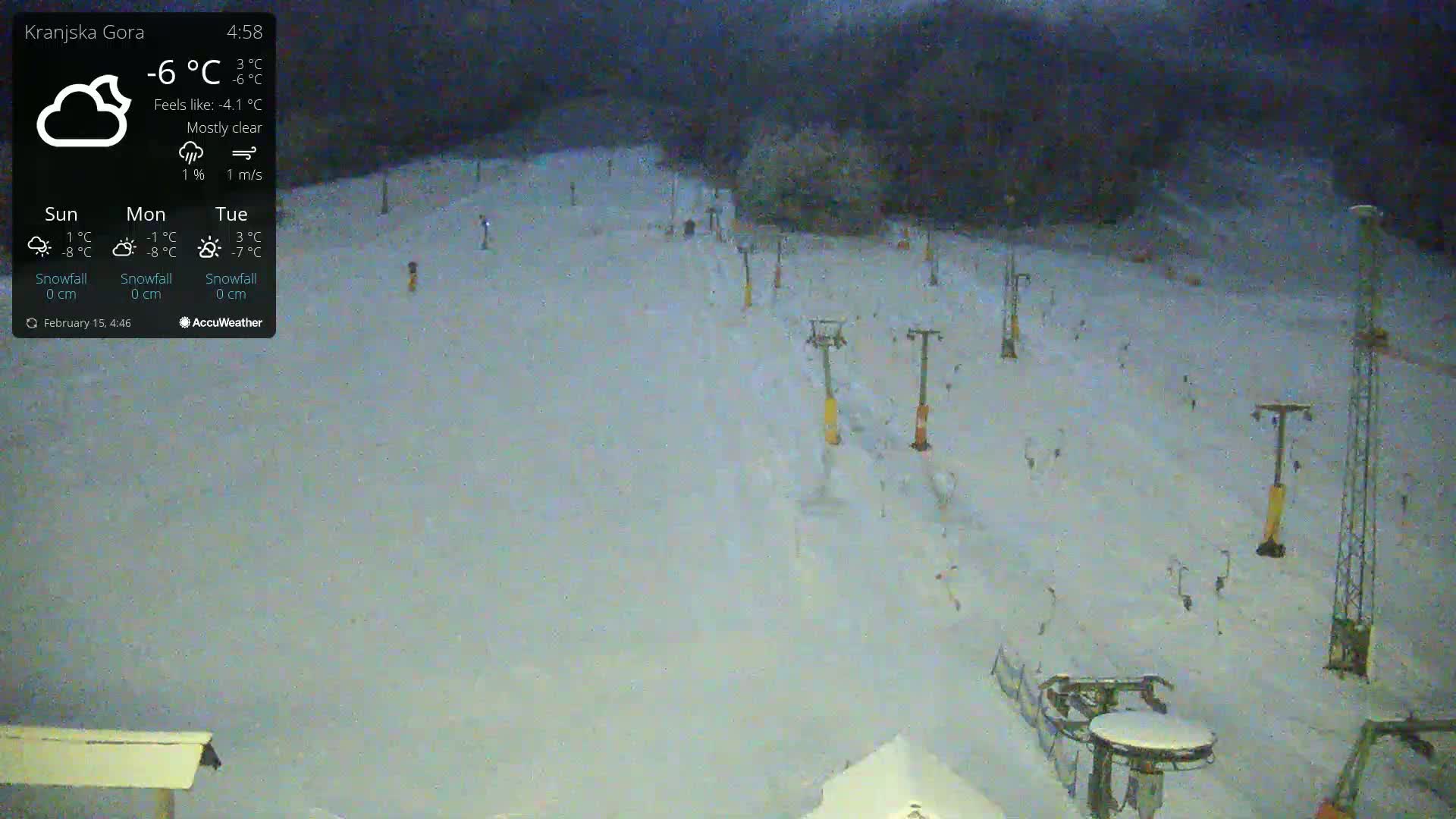A mostly clear, cold night scene shows a snow-covered ski slope with several ski lifts.