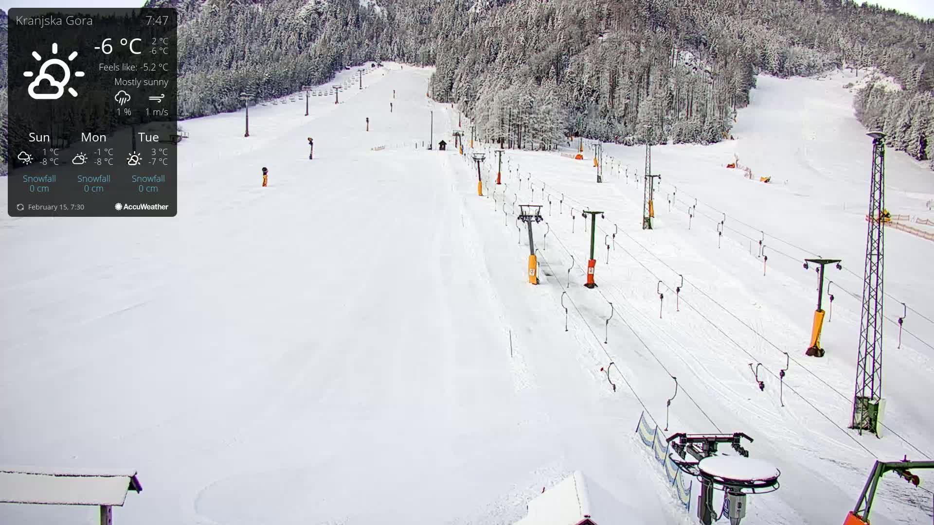 A mostly sunny ski slope with several chairlifts is covered in snow under a mostly sunny sky.