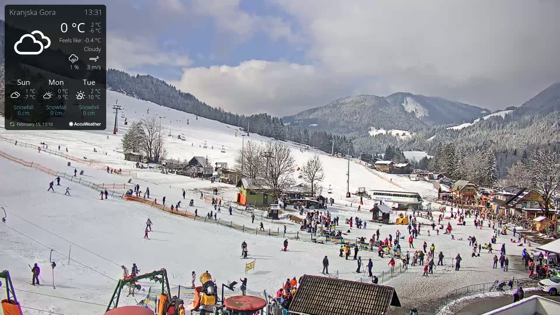 A snowy ski resort with many people skiing and snowboarding on the slopes under a cloudy sky.