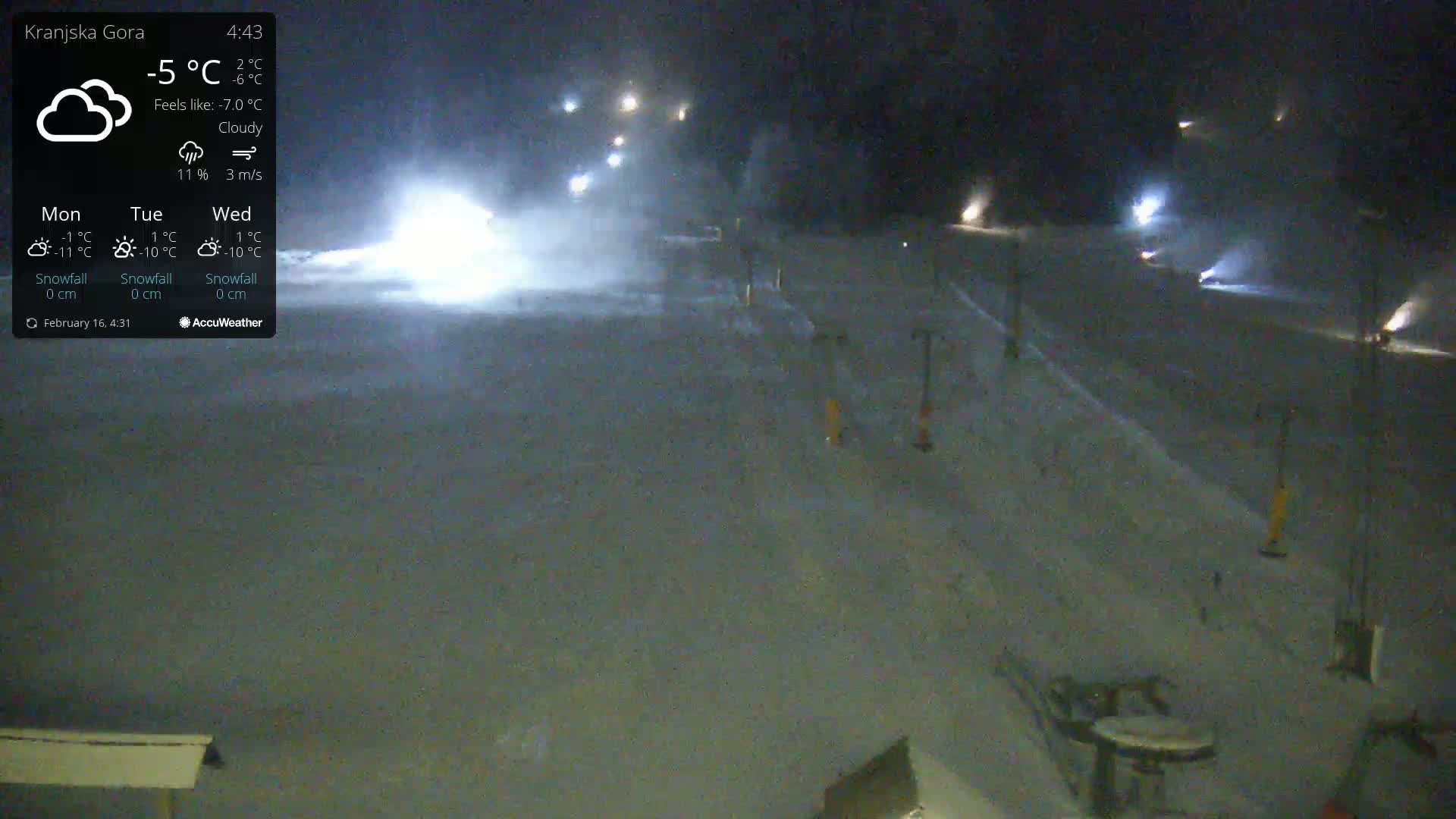 A nighttime, snowy scene shows a ski slope with several snow groomers operating under cloudy skies at -5°C.