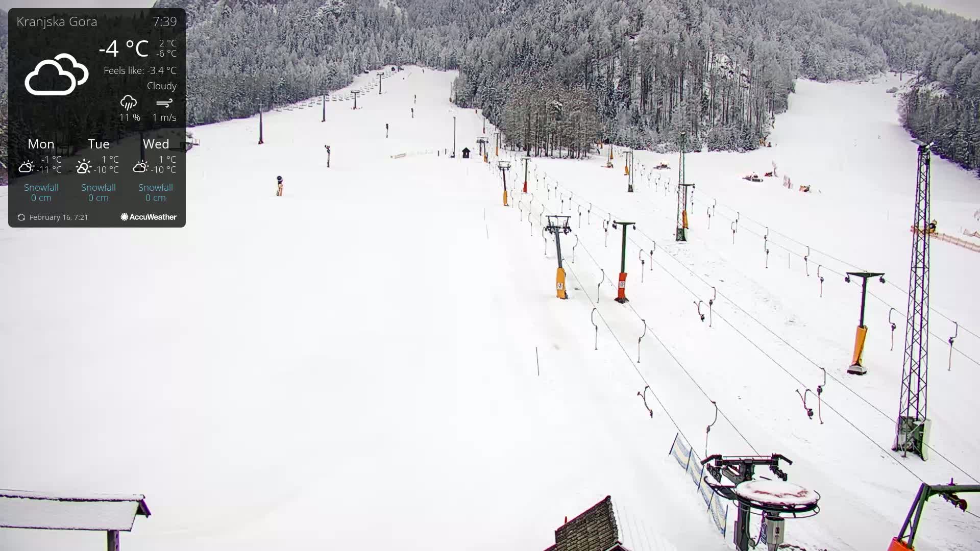 A snow-covered ski slope with several chairlifts is visible under cloudy skies.