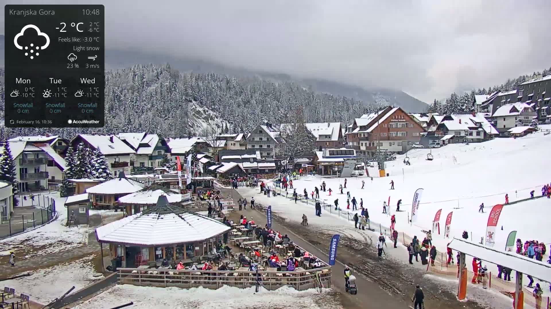 A snow-covered ski resort village with people skiing and sitting at outdoor cafes under a light snow and overcast sky.