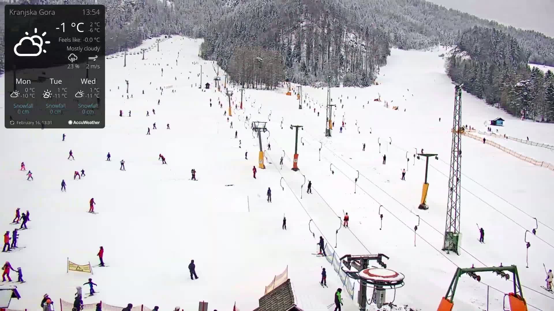 A mostly cloudy ski slope with numerous skiers and chairlifts under mostly cloudy skies.