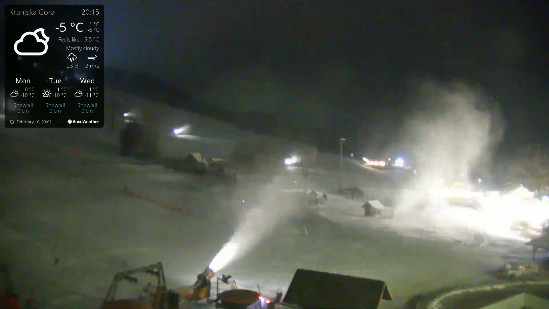 A nighttime, mostly cloudy scene shows snow cannons operating on a snow-covered slope with several lights illuminating the area.