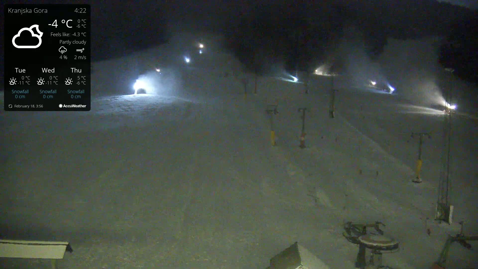 A nighttime, partly cloudy view of a snow-covered ski slope with snowmaking machines operating under the lights.