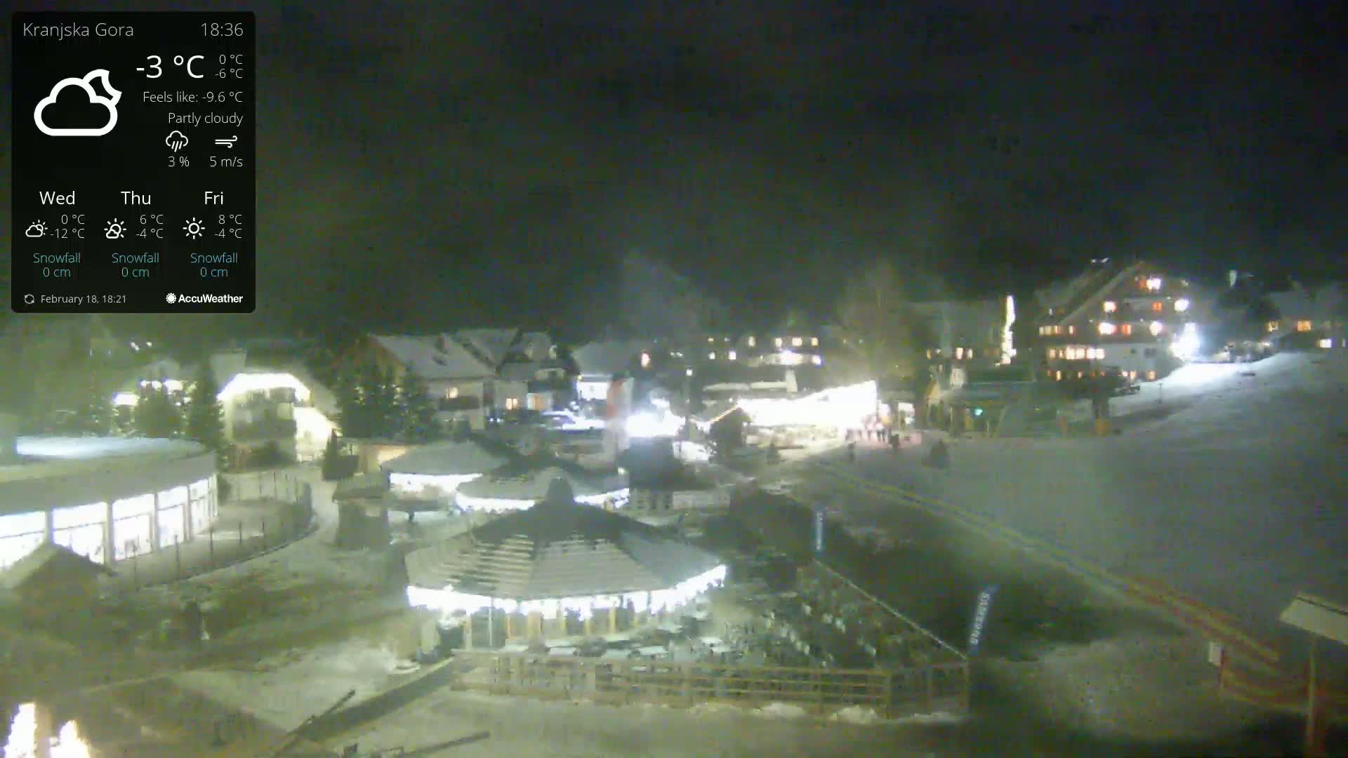 A nighttime, partly cloudy scene shows a snow-covered village with illuminated buildings and a few people, under a temperature of -3°C.