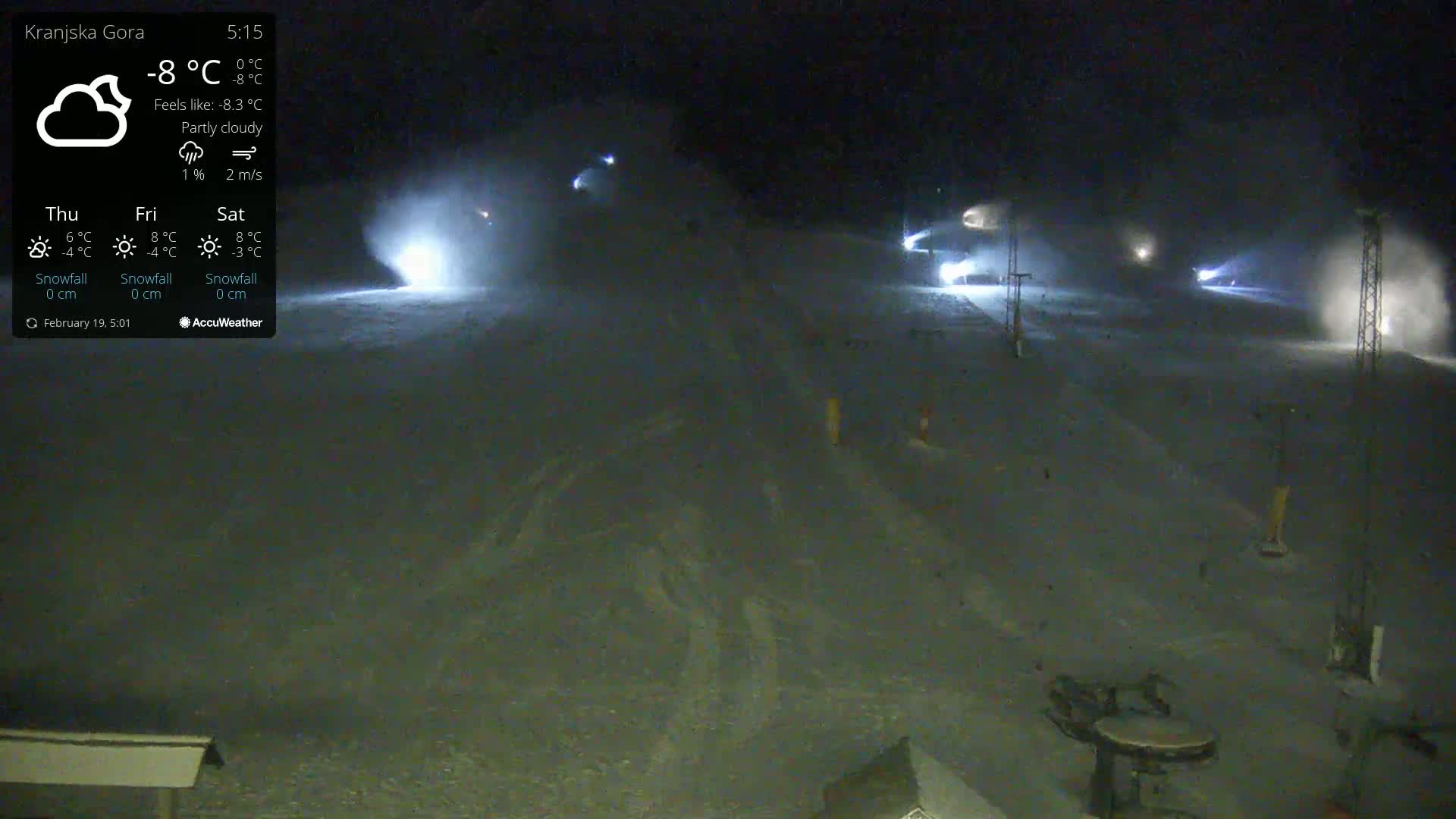 A nighttime, partly cloudy scene of a snow-covered area with several snow cannons operating under bright lights.