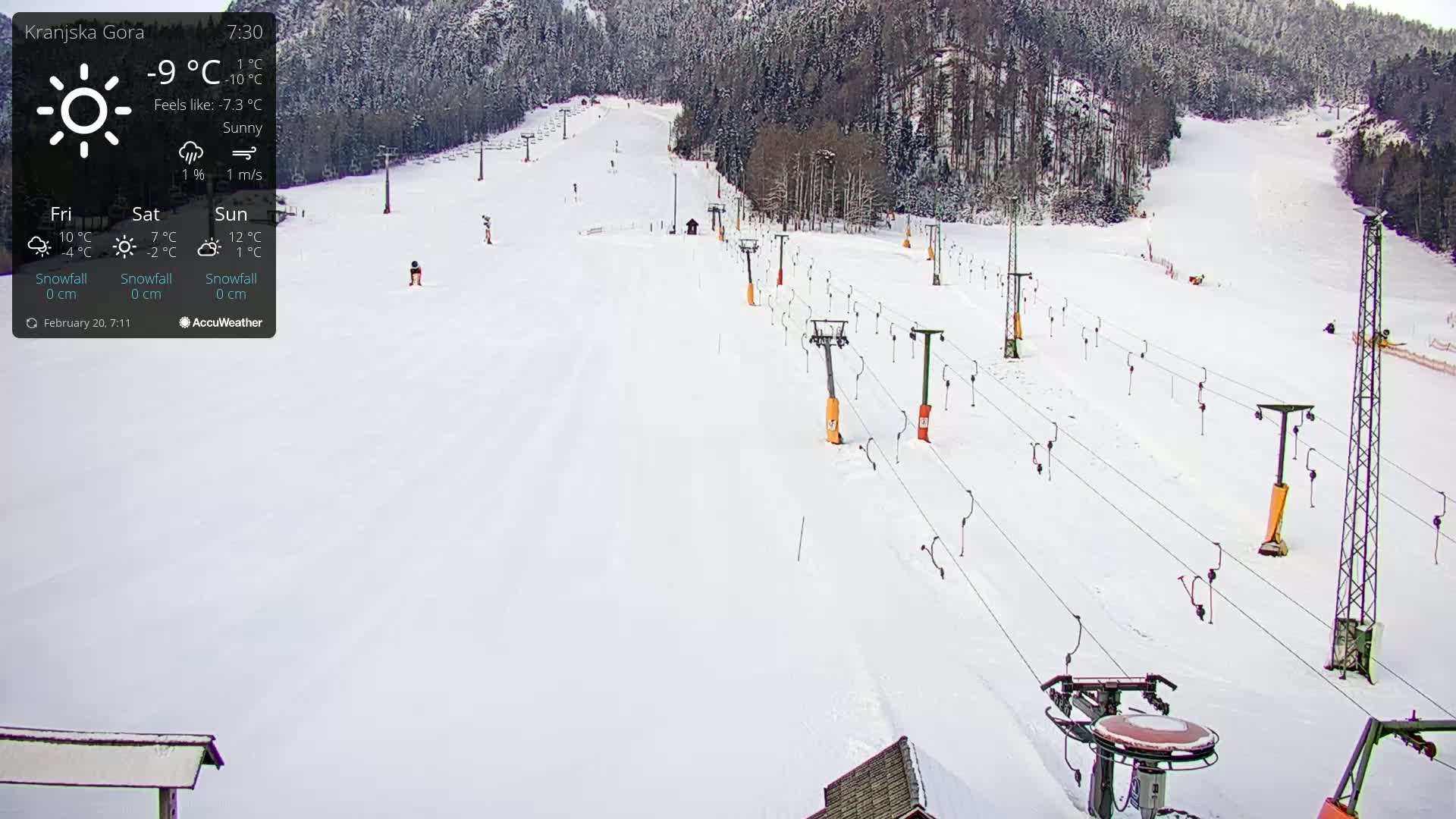A sunny ski slope with several chairlifts and a snow-covered landscape.