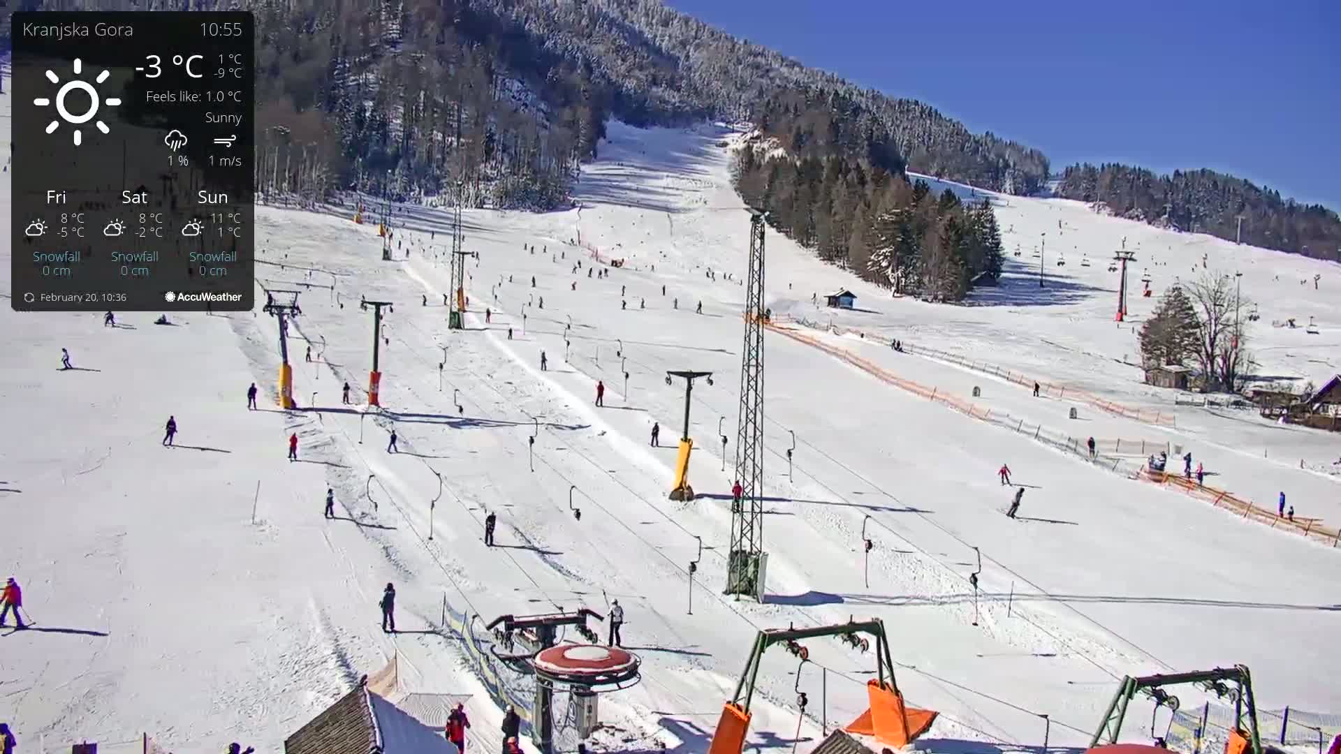 A sunny ski slope with several skiers and ski lifts on a snow-covered mountain.