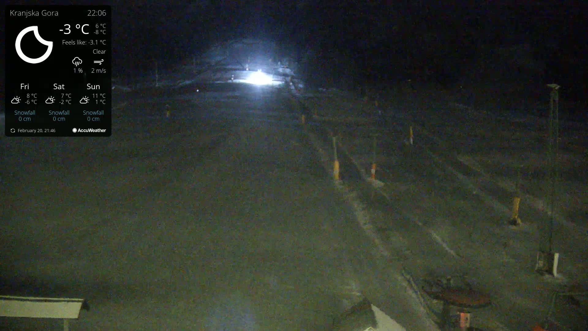 A nighttime, clear view of a snow-covered road with minimal traffic under dark, clear skies.