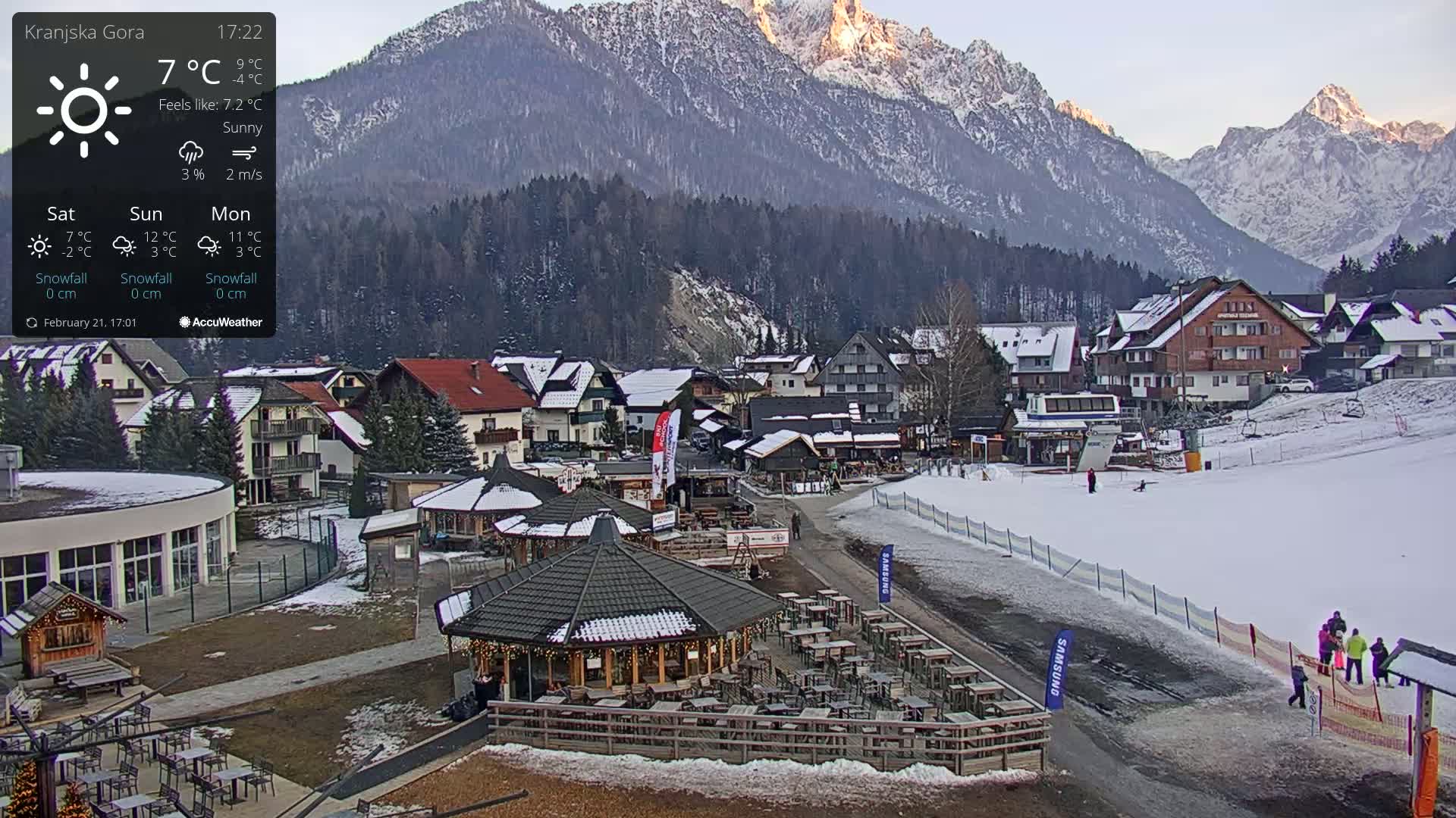 A sunny mountain village scene with snow on the ground and mountains in the background.
