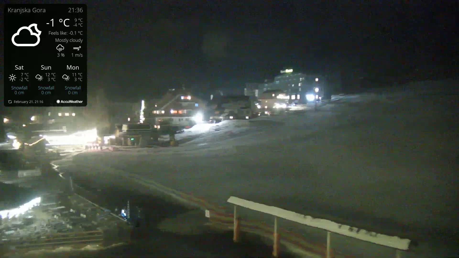 A nighttime, mostly cloudy scene shows a snow-covered area with several buildings lit up, under a sky with minimal visible stars.