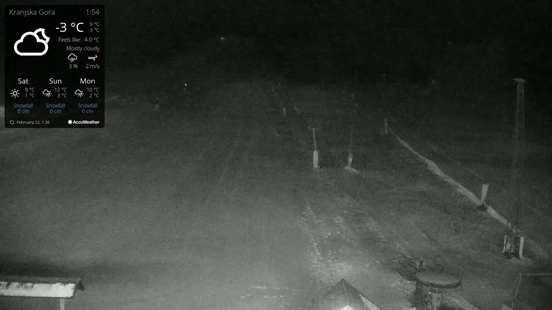 A mostly cloudy night scene shows a dark, snow-covered ground with some indistinct objects and tall, thin posts.
