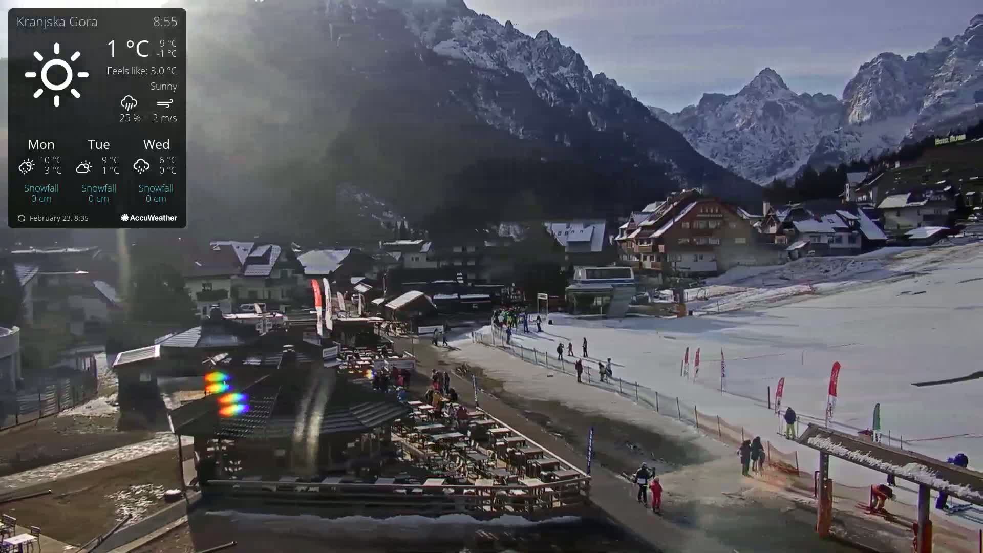 A sunny mountain village scene shows a ski slope with several people walking and skiing, a restaurant patio with many tables, and snow-covered mountains in the background.