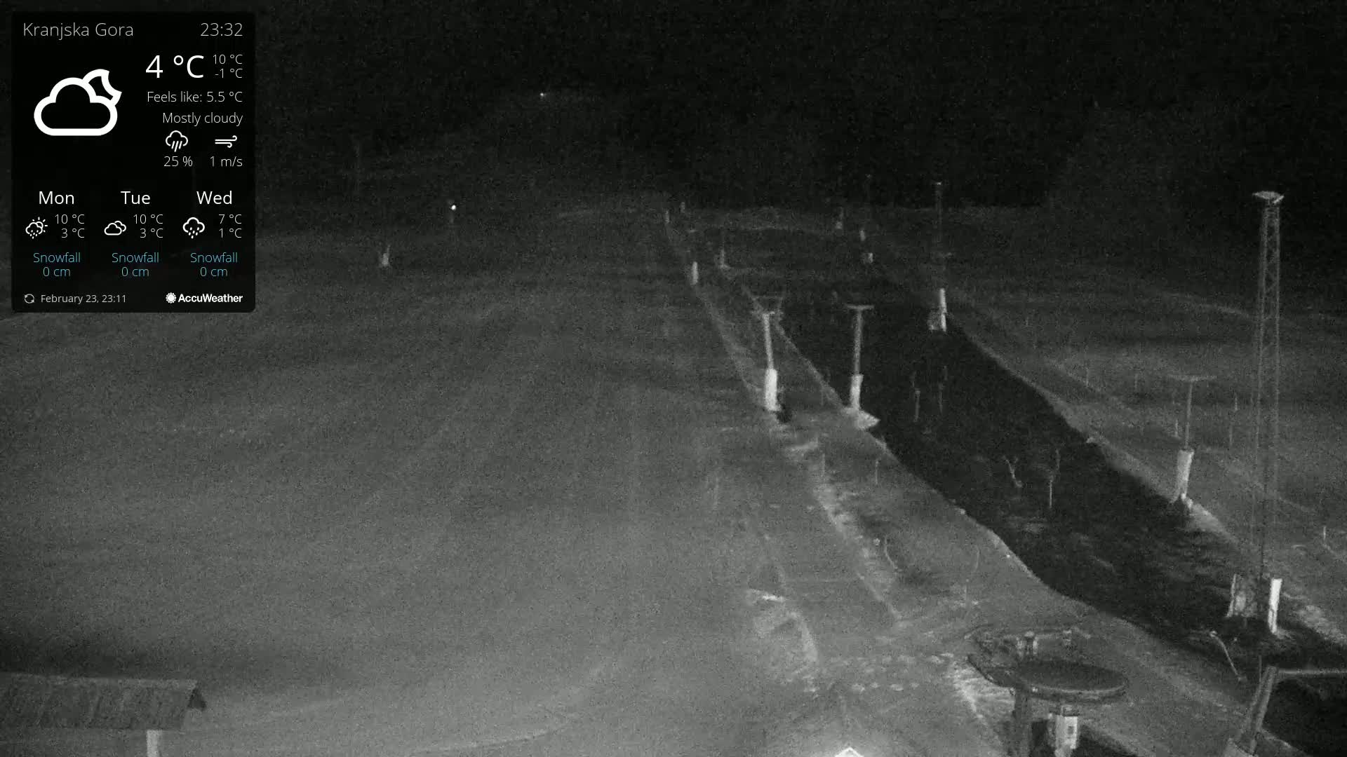 A mostly cloudy night scene shows a dark road or path next to a ski lift under low-light conditions.