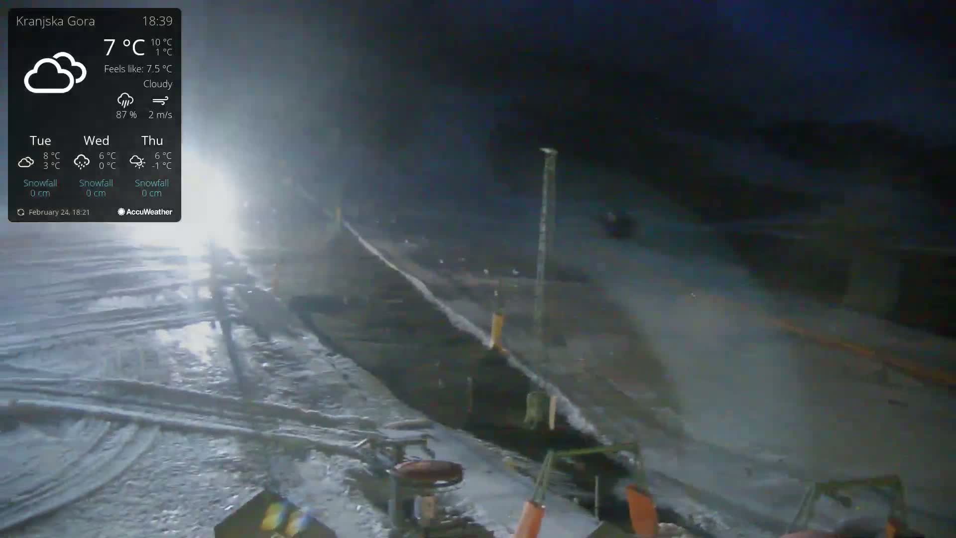 A nighttime, cloudy scene shows a snow-covered area with tire tracks and some machinery near a dark roadway.