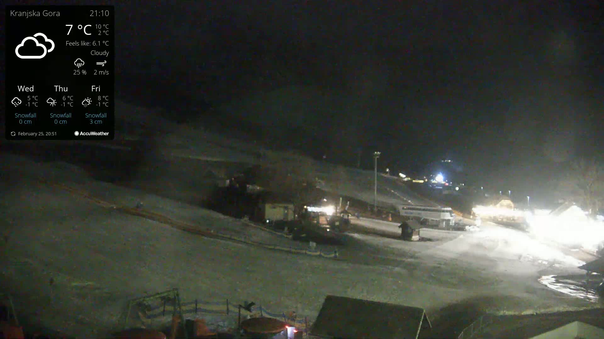 A nighttime view of a snow-covered ski slope with several vehicles and buildings visible under cloudy conditions.