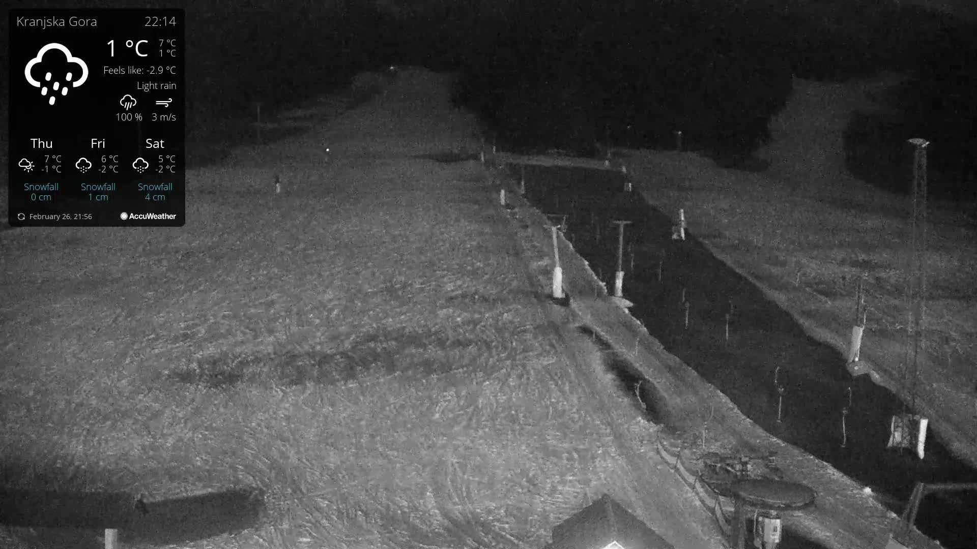 A nighttime, low-light view of a snow-covered ski slope with light rain falling.