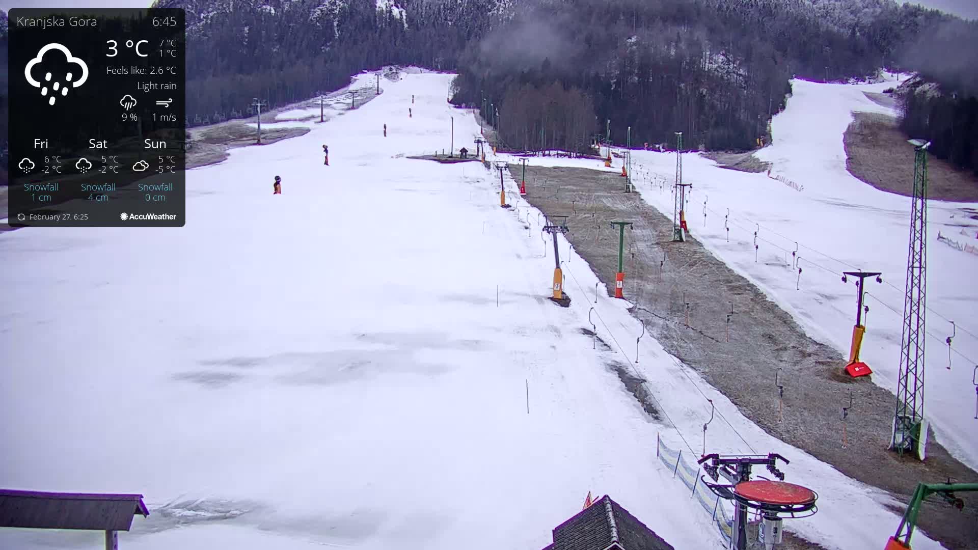 A snow-covered ski slope with a chairlift and light rain is visible under an overcast sky.