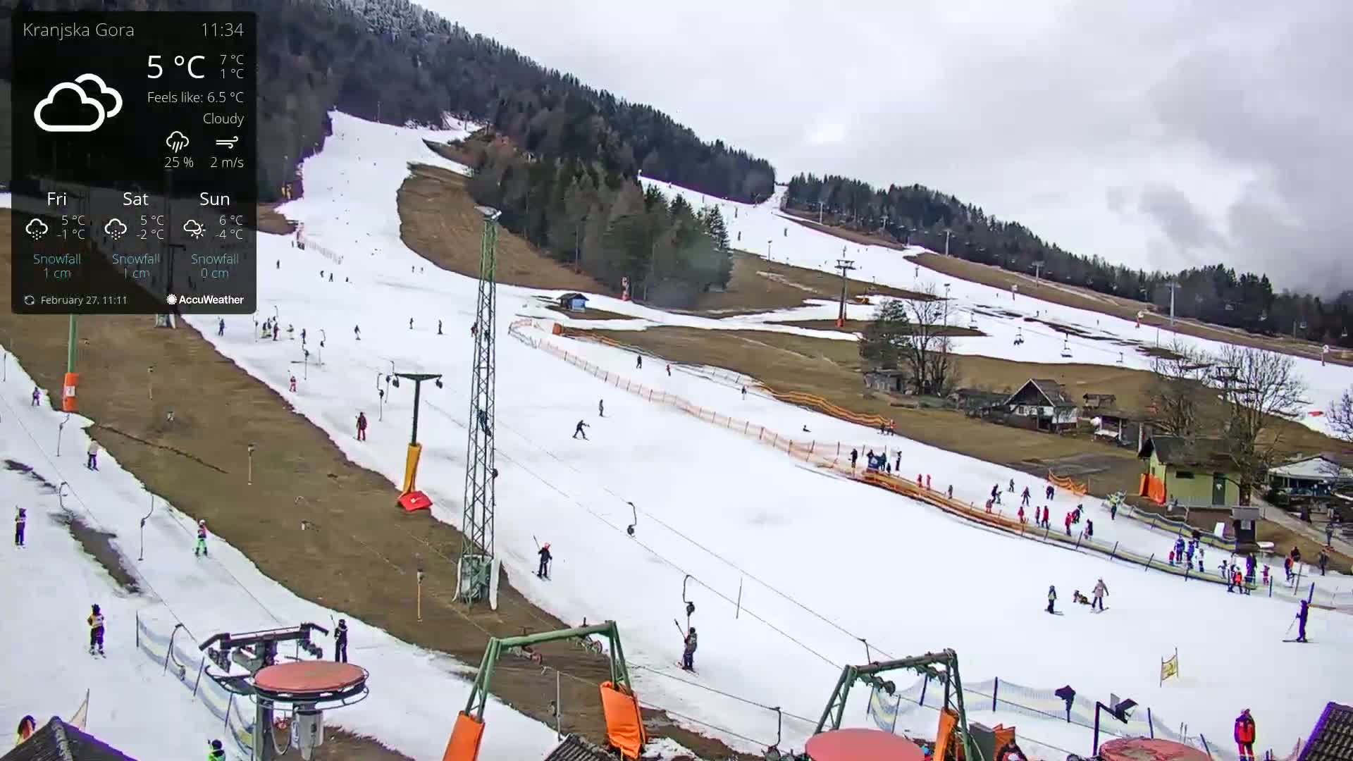 A ski slope with several people skiing and snowboarding on it under cloudy skies.