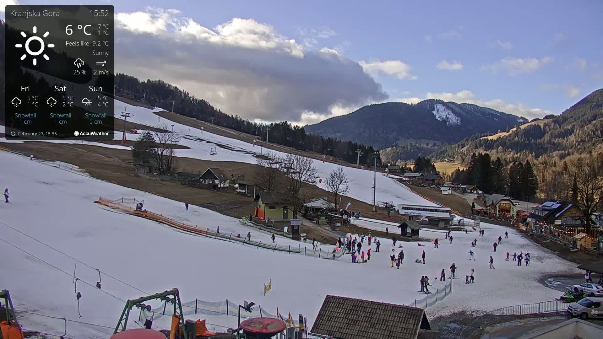 A sunny day at a snow-covered ski slope with people skiing and snowboarding, backed by mountains under a partly cloudy sky.