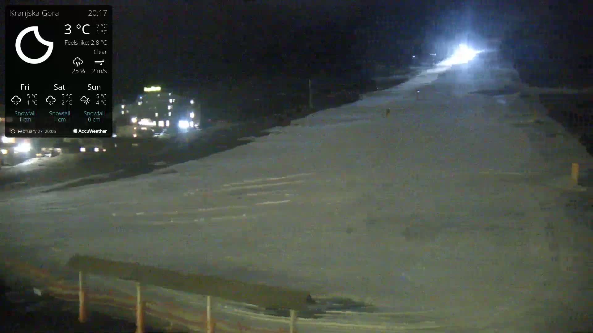 A snow-covered slope is illuminated at night under clear skies, with a building and lights visible in the background.
