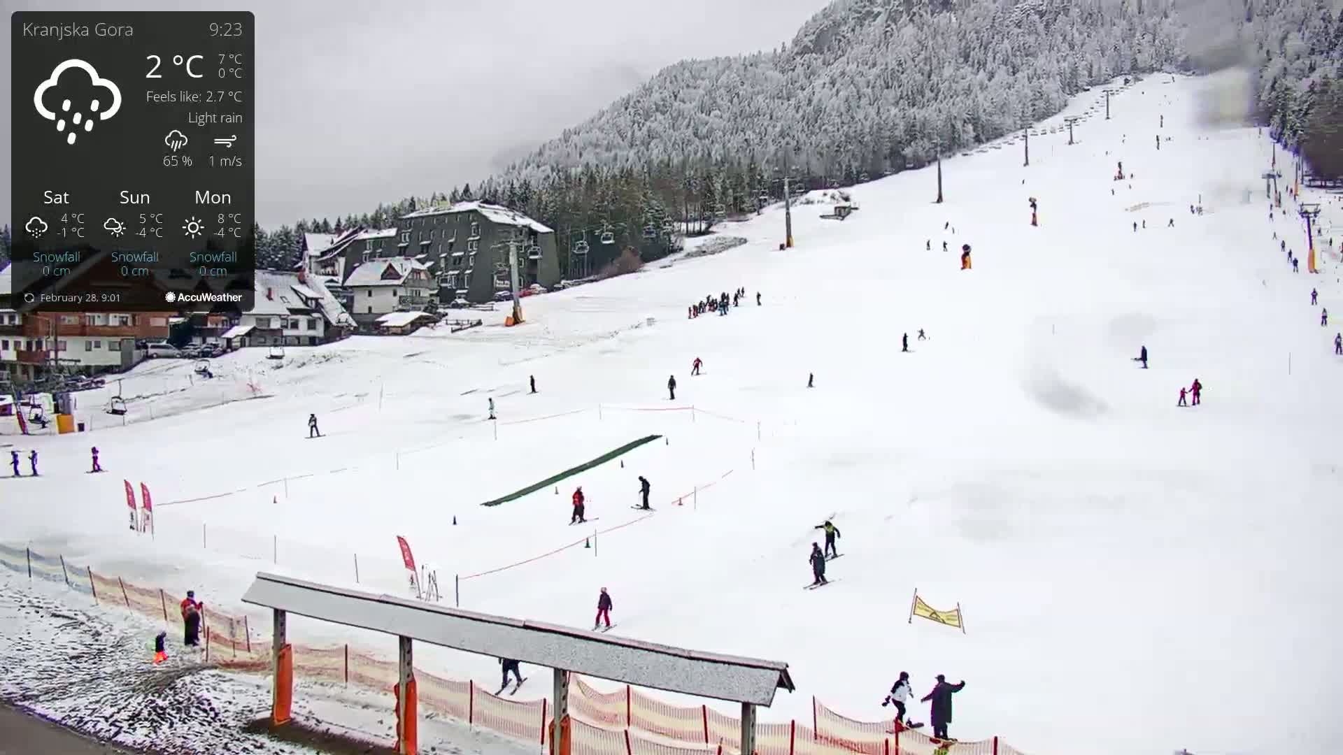 A snowy ski slope with scattered skiers and snowboarders under a light rain.