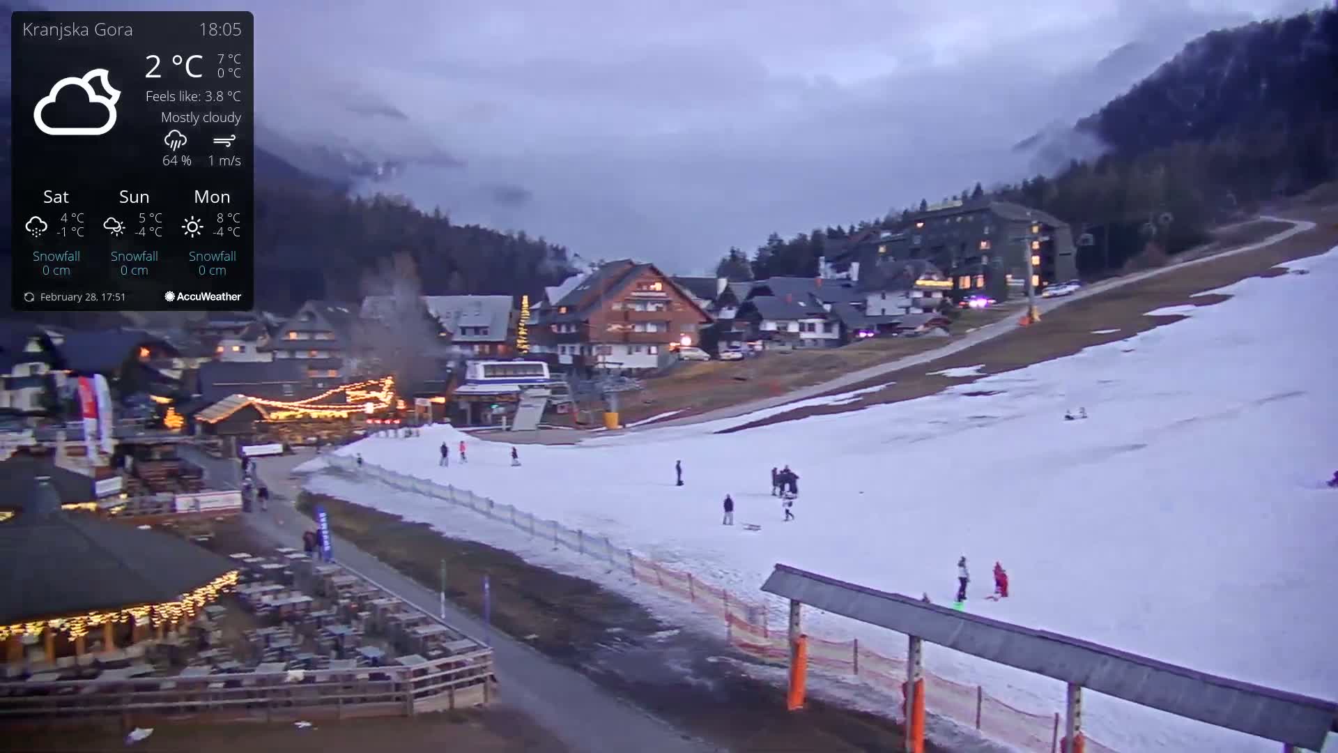 A mostly cloudy evening scene shows a snow-covered ski slope with several people, a ski lift, and a village of buildings with lights illuminated at the base of a mountain.