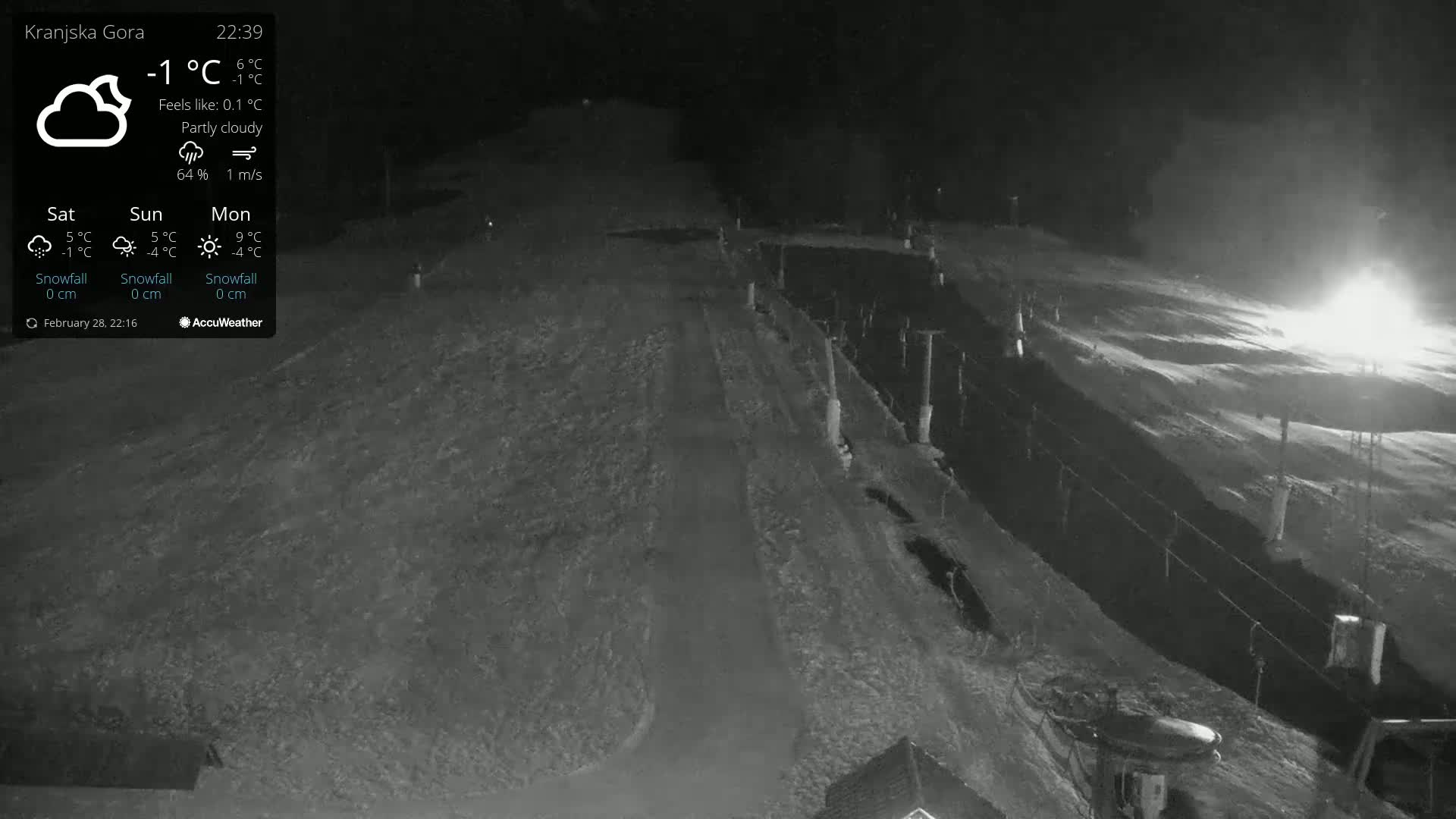 A nighttime, partly cloudy view of a snow-covered slope with a fence and lights in the distance, under a temperature of -1°C.