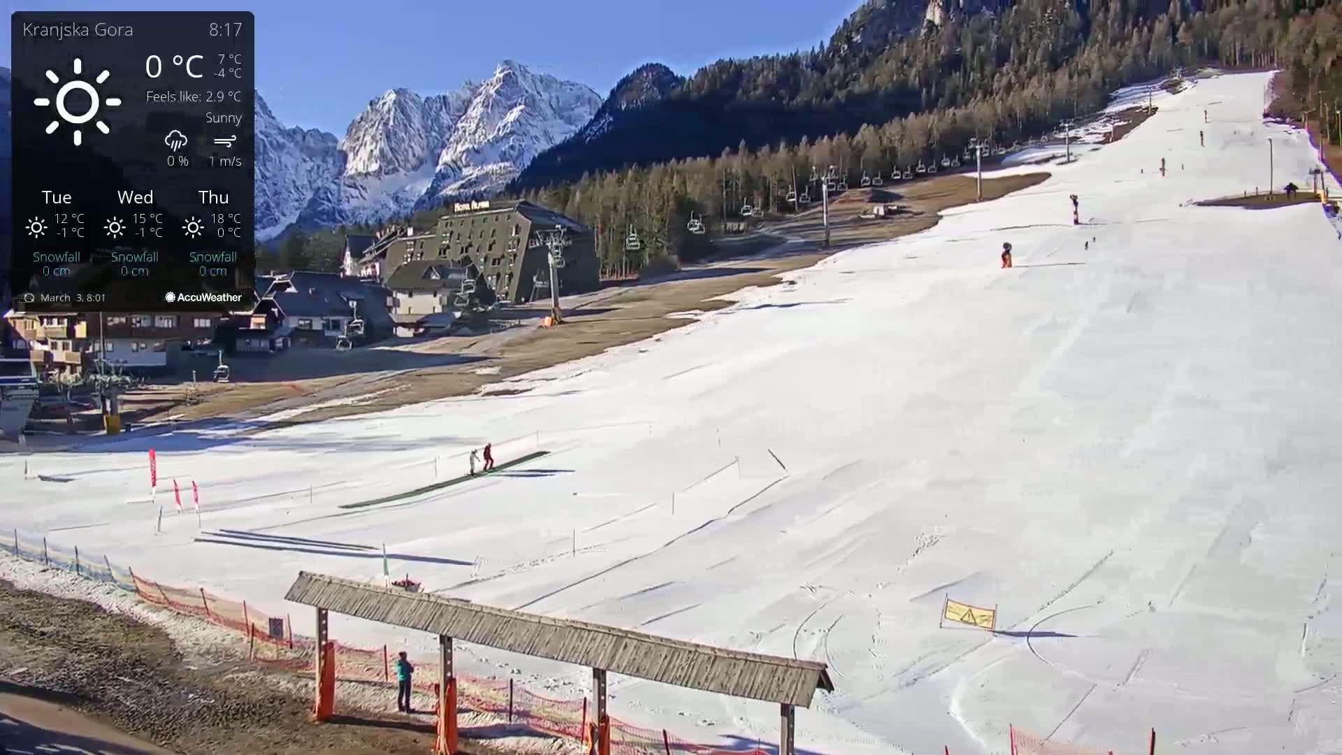 A sunny, snow-covered ski slope with several skiers, a ski lift, and a building in the background.