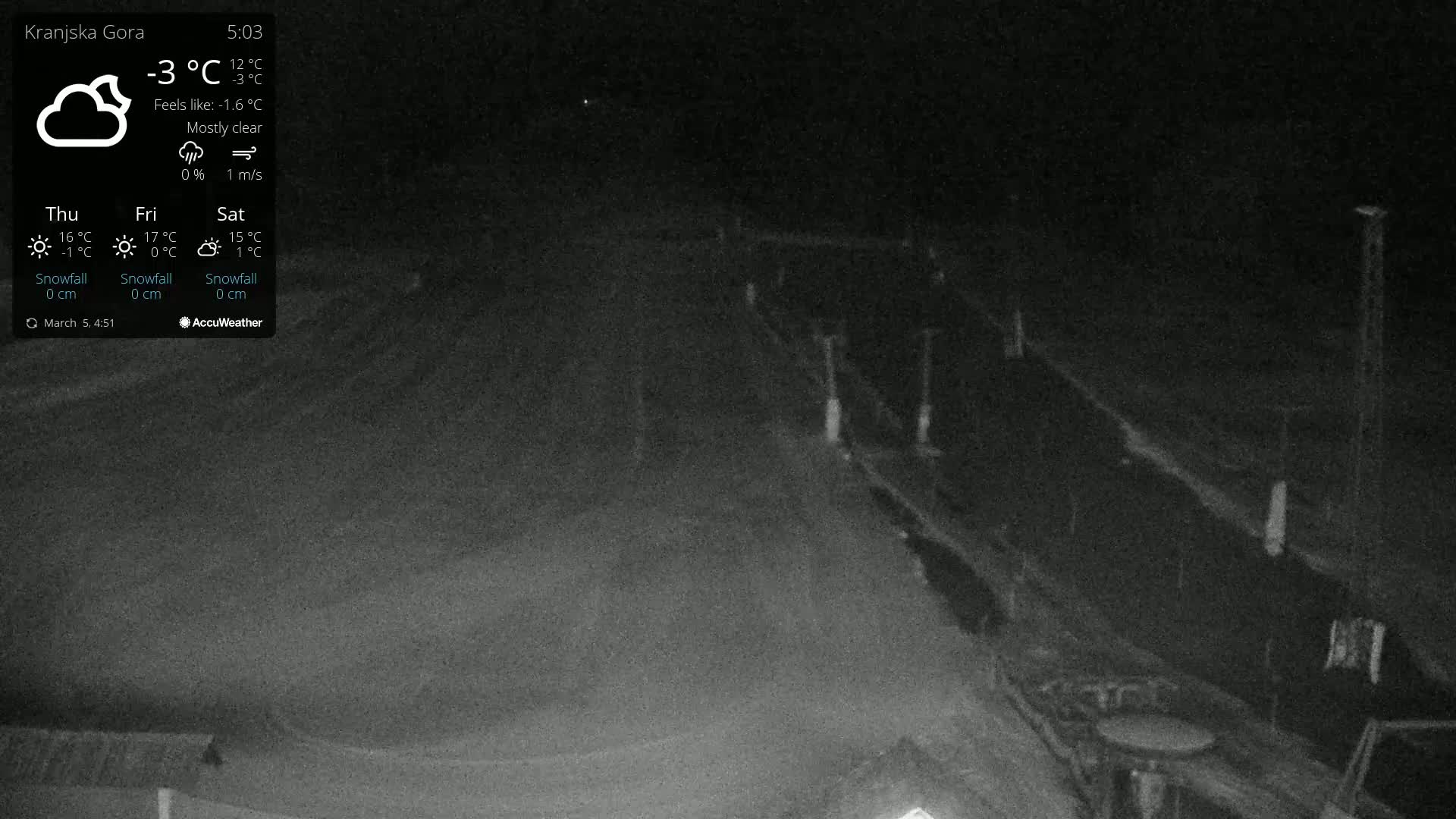 A mostly clear night scene shows a dark road and some structures under a -3°C temperature.