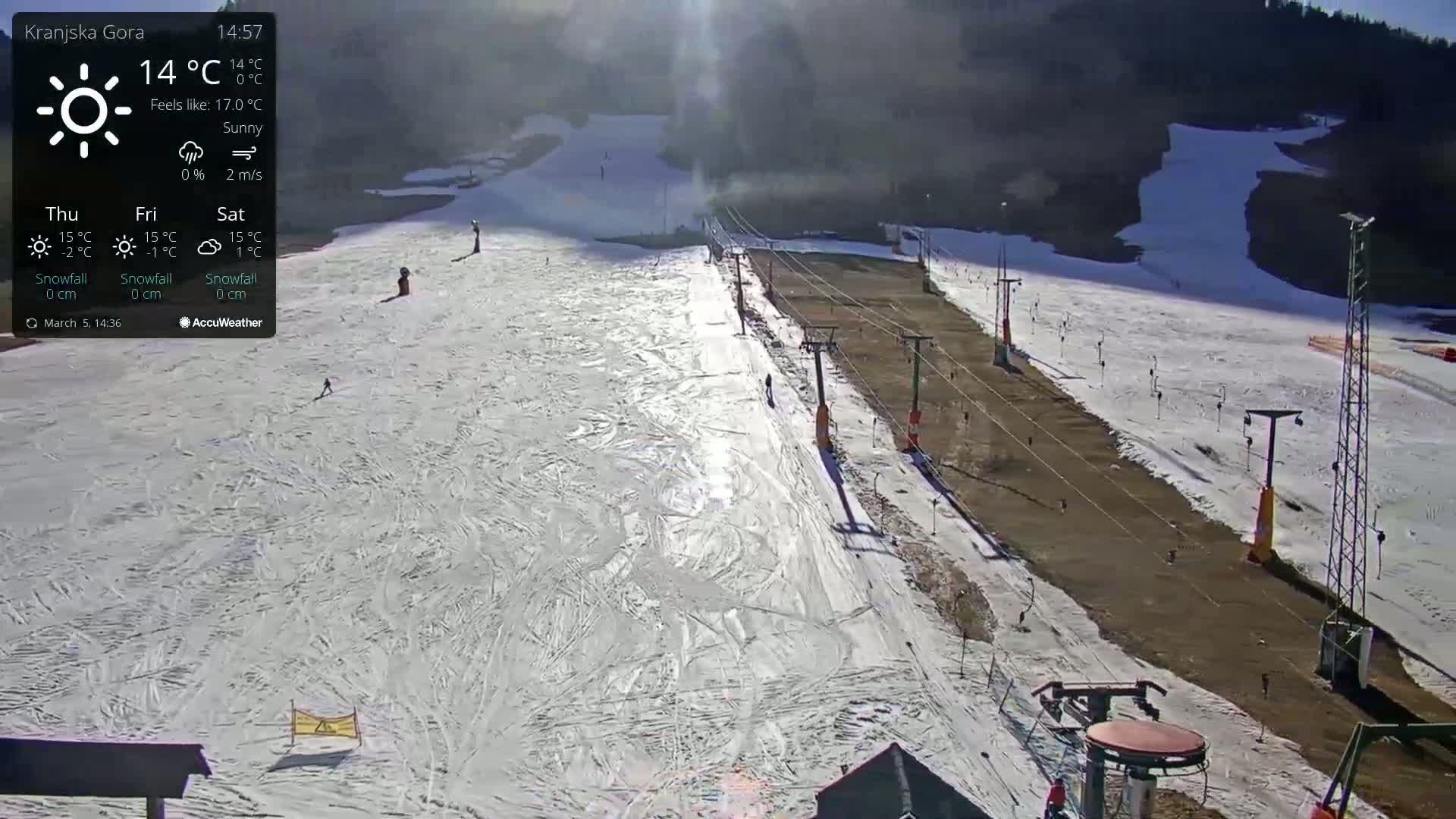 A sunny ski slope with several chairlifts and a few skiers visible under a clear sky.