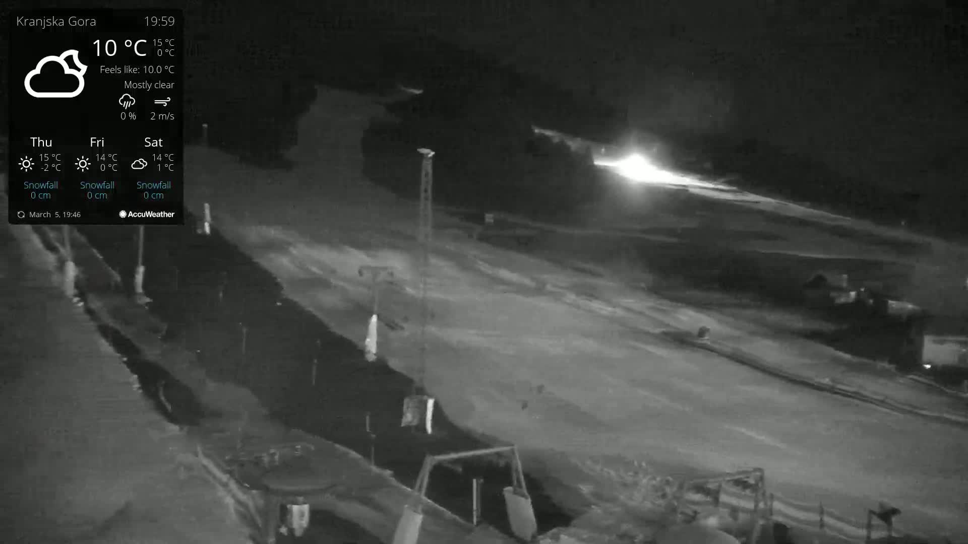 A mostly clear night scene shows a snow-covered slope with lights in the distance under a 10°C temperature.