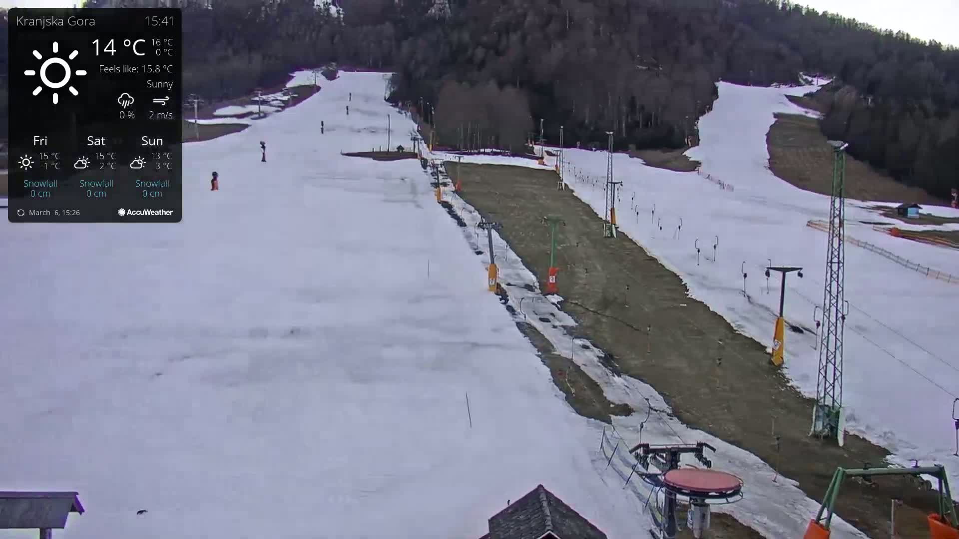 A sunny ski slope with patchy snow cover, ski lifts, and surrounding trees.
