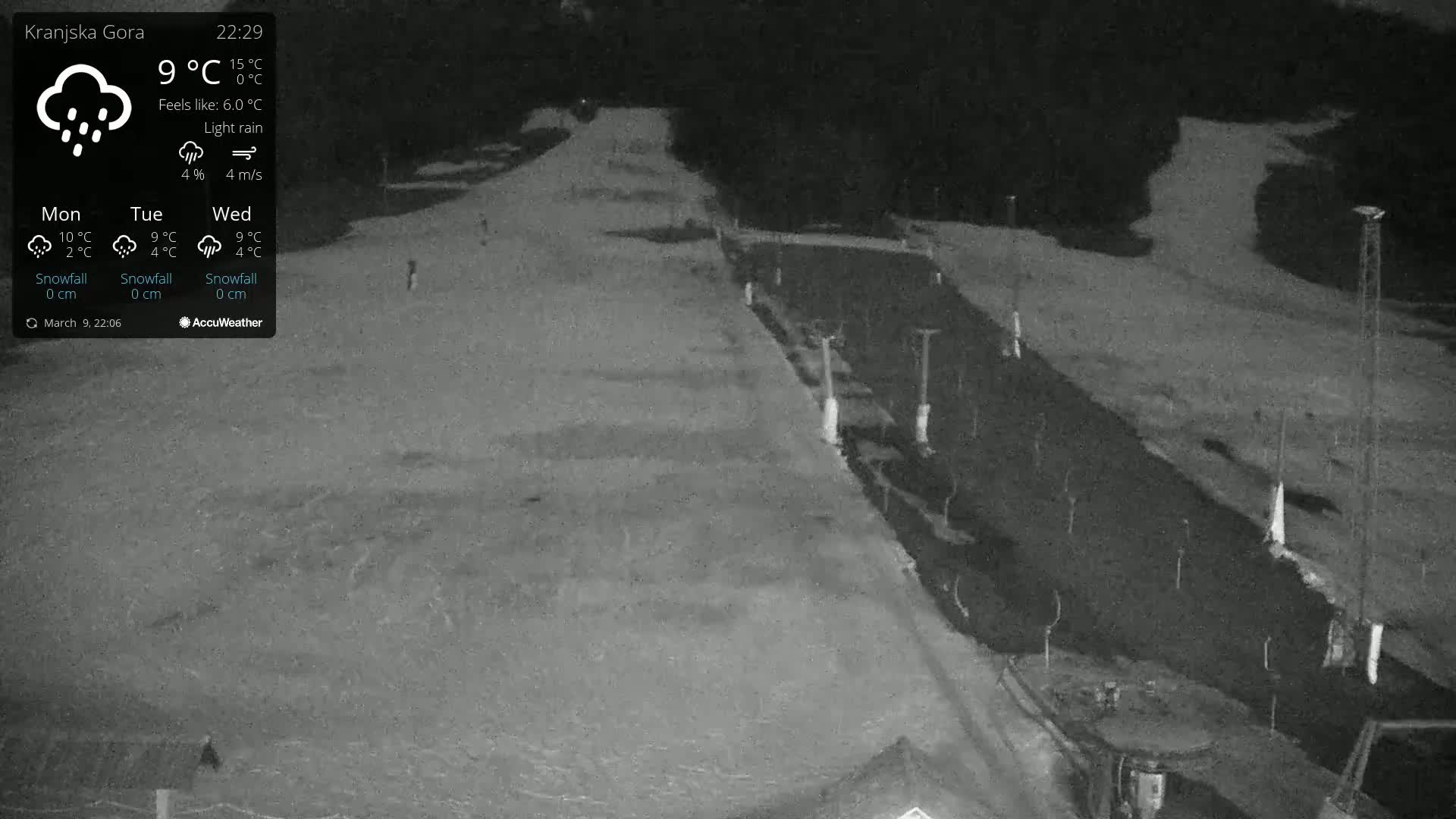 A nighttime, low-light view of a snow-covered area with light rain, showing a roadway and some structures.