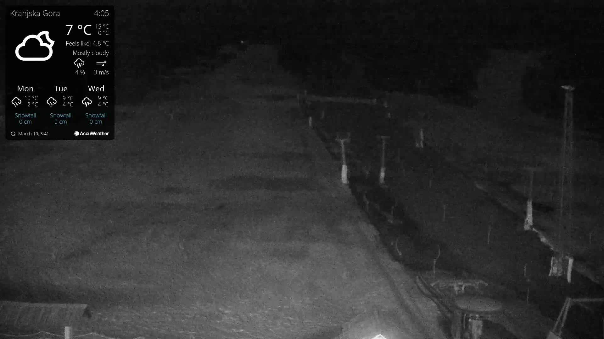 A mostly cloudy night scene shows a dark, empty road with a fence and some structures in the background, under a 7°C temperature.