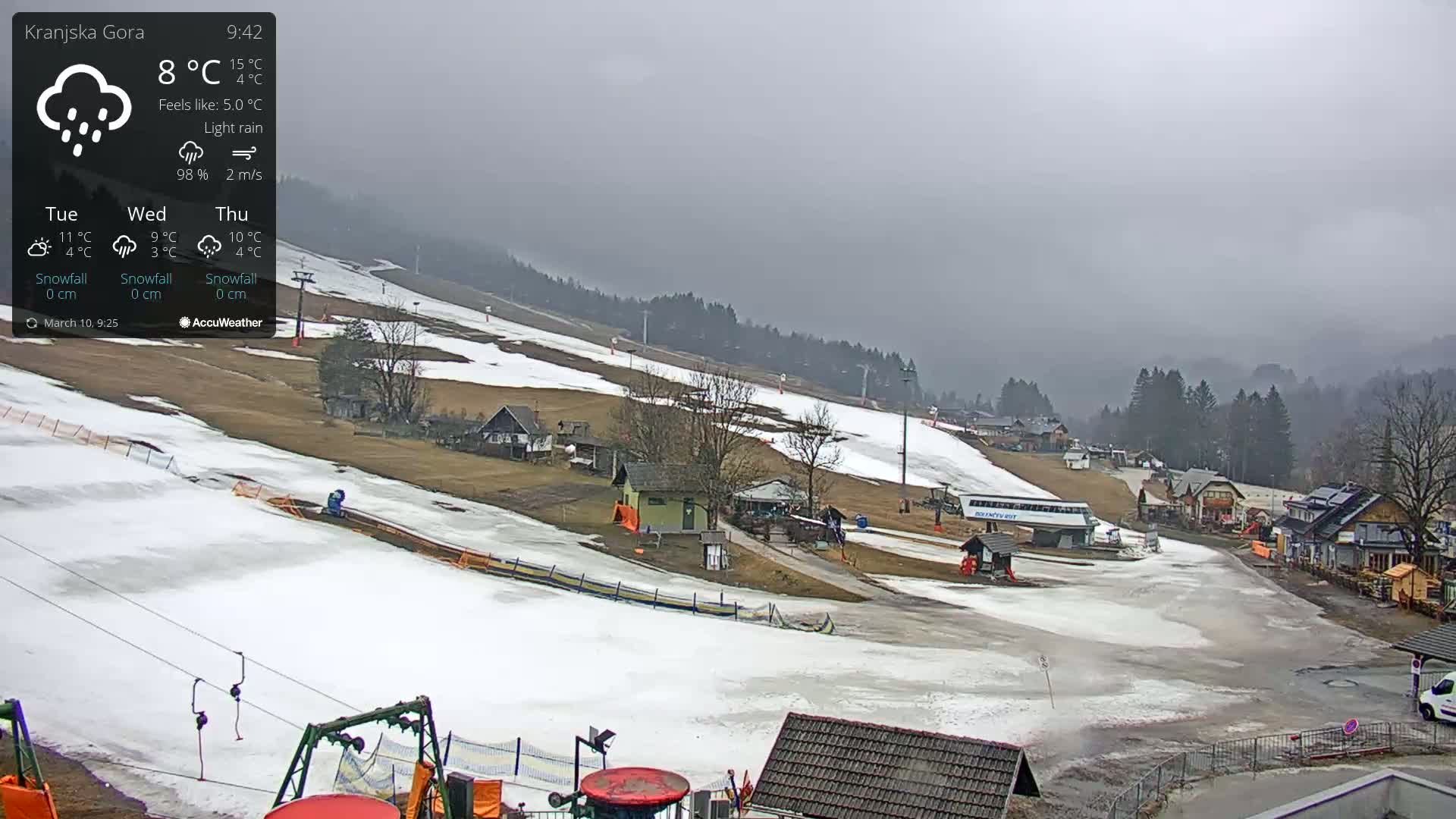 A ski slope with patchy snow and light rain under an overcast sky.