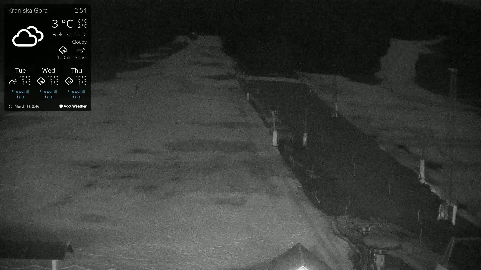 A nighttime, cloudy view of a snow-covered road and surrounding area under 3°C weather.