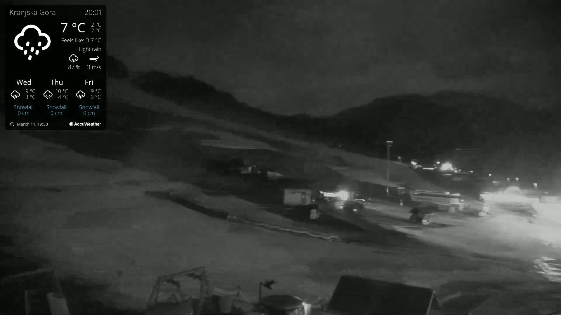 A nighttime, low-light view of a snow-covered slope with some vehicles and structures visible under conditions of light rain.