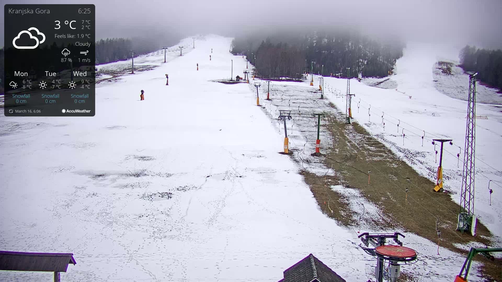 A snow-covered ski slope with several chairlifts is visible under cloudy skies.