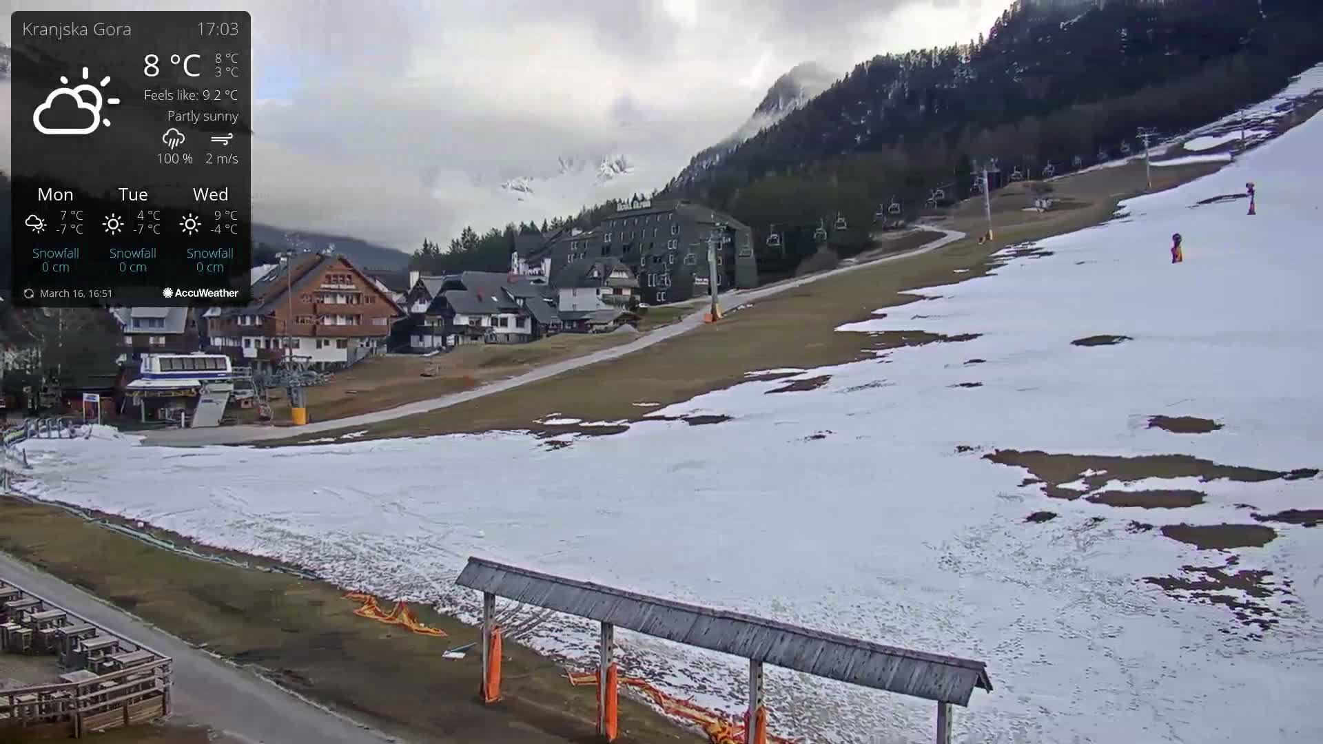 A partly sunny day shows a ski slope with patchy snow, a ski lift, and several buildings nestled at the base of a mountain range.