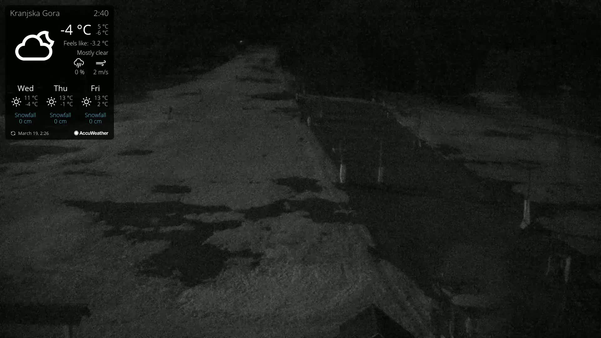A mostly clear night scene shows a dark roadway and surrounding ground, under a temperature of -4°C.