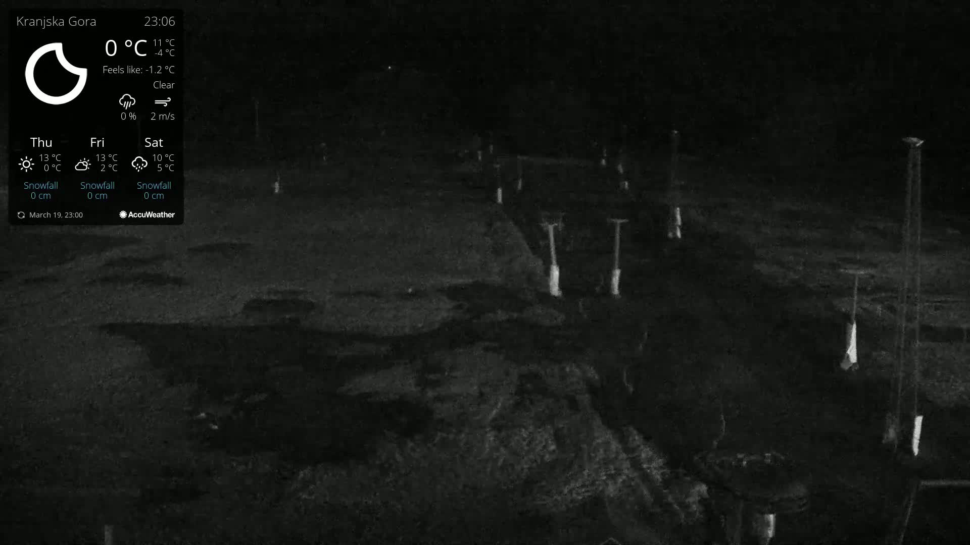 A nighttime, clear-weather view of a dark, flat expanse of land with several tall, thin poles extending vertically.