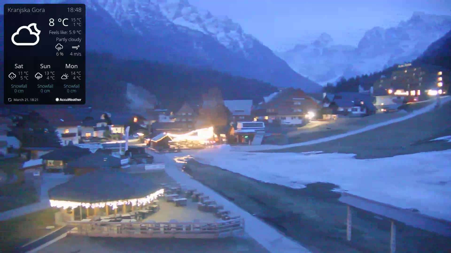 A partly cloudy twilight scene shows a mountain village with some snow on the ground, lit by streetlights and building lights, nestled in a valley beneath dark mountains.