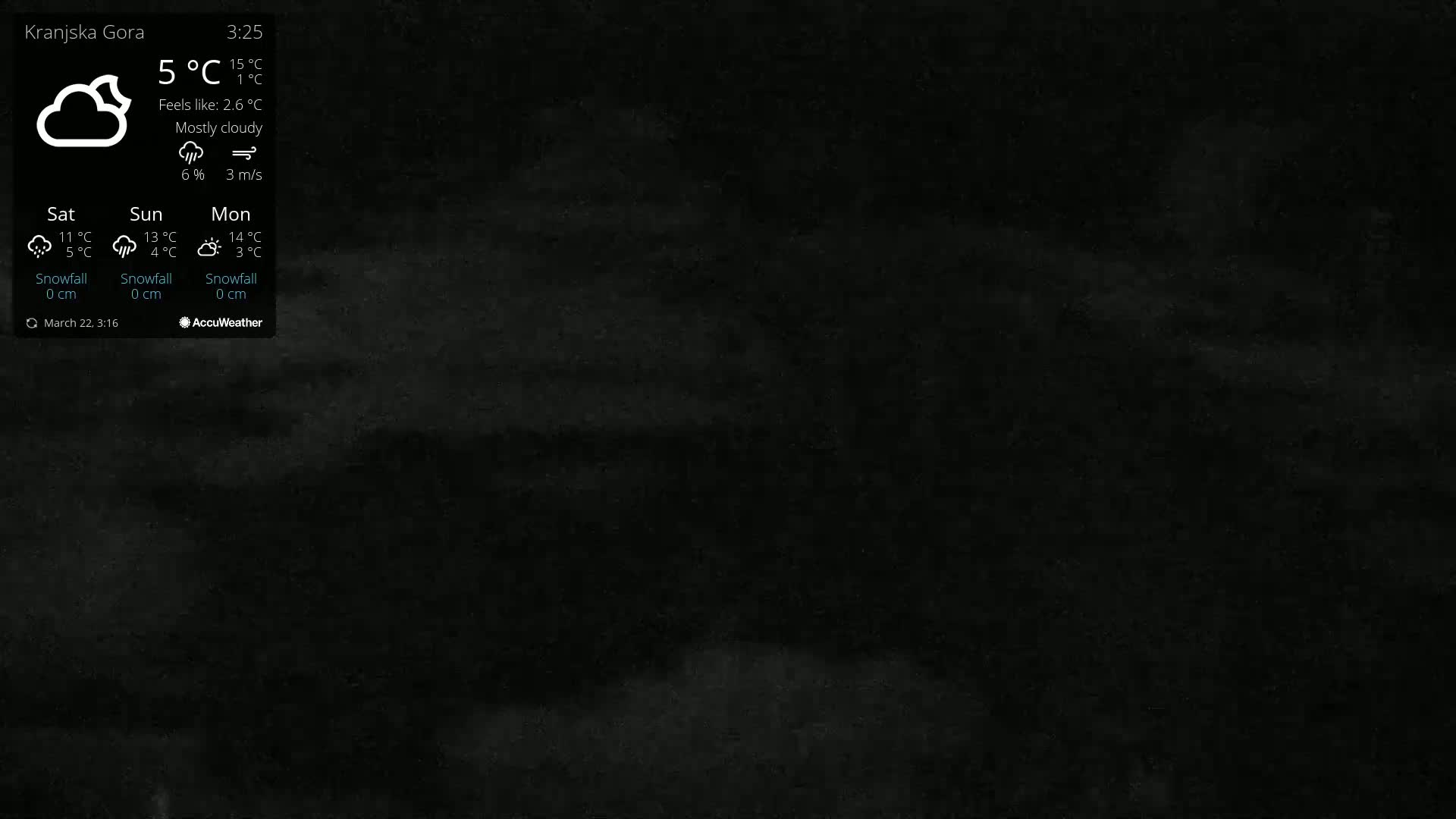 A mostly cloudy night sky is shown, with a current temperature of 5°C.