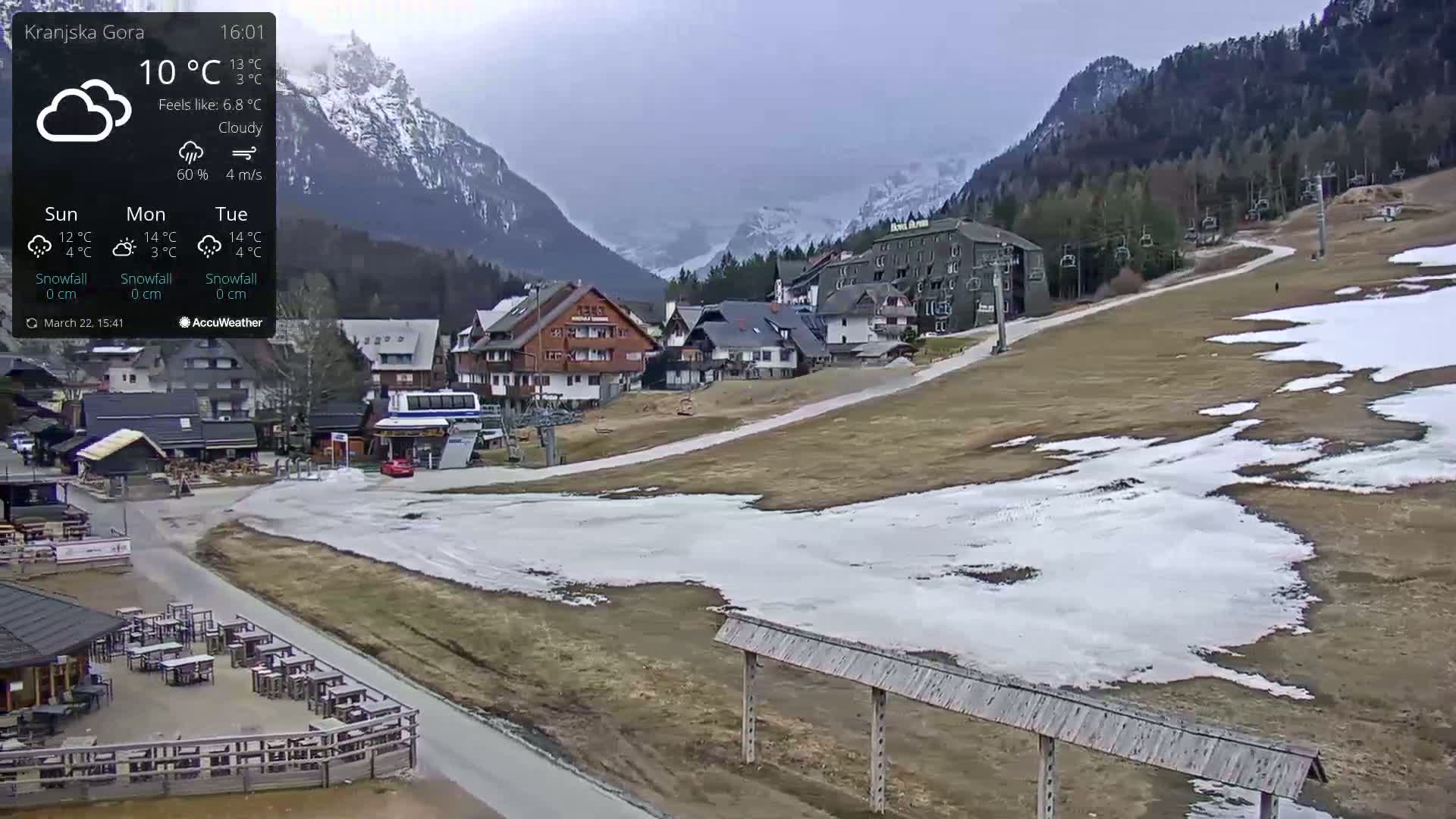 A mostly cloudy day shows a mountain village with patches of snow and ice on the ground, a ski lift, and several buildings.