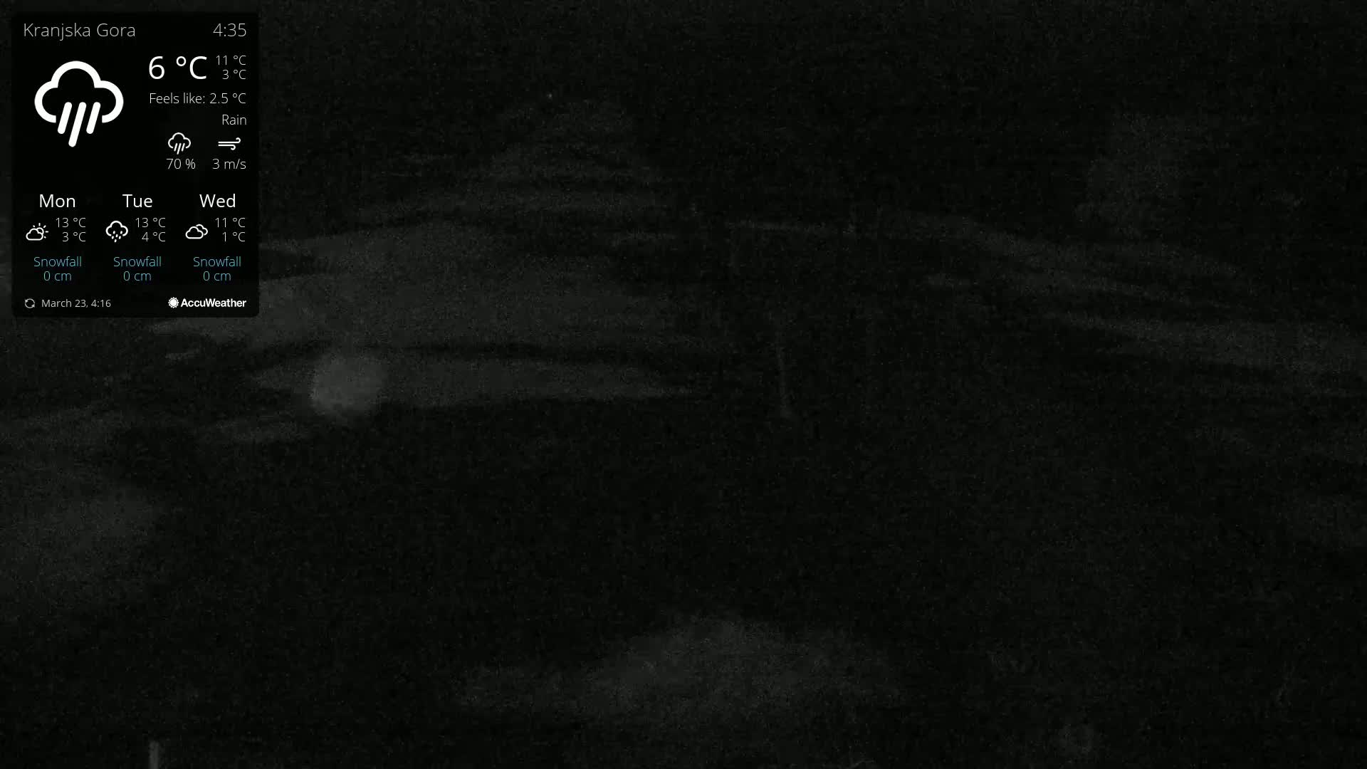 A dark, nighttime outdoor scene shows light rain under dark skies.