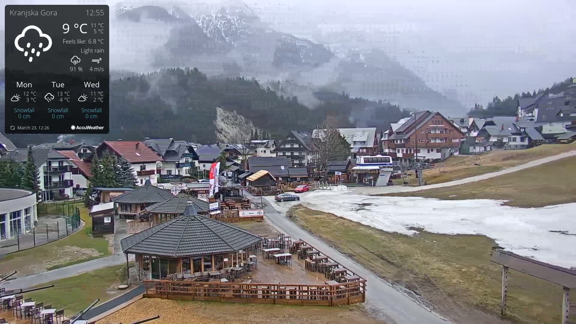 A mountain village under a light rain and overcast sky, with patches of snow on the ground and mountains shrouded in mist in the background.