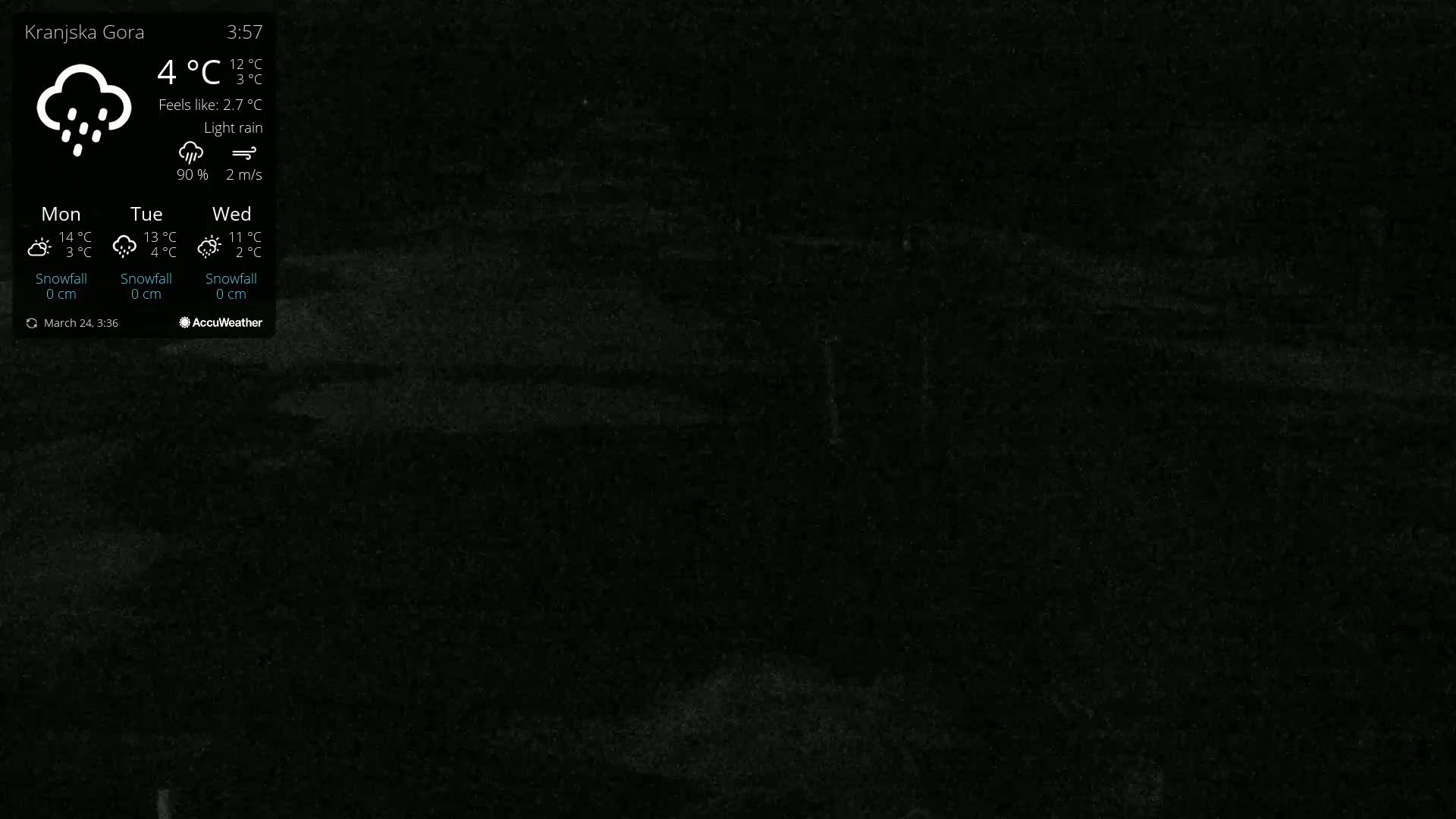 A dark, nighttime outdoor scene is shown with light rain and a wind speed of 2 m/s.
