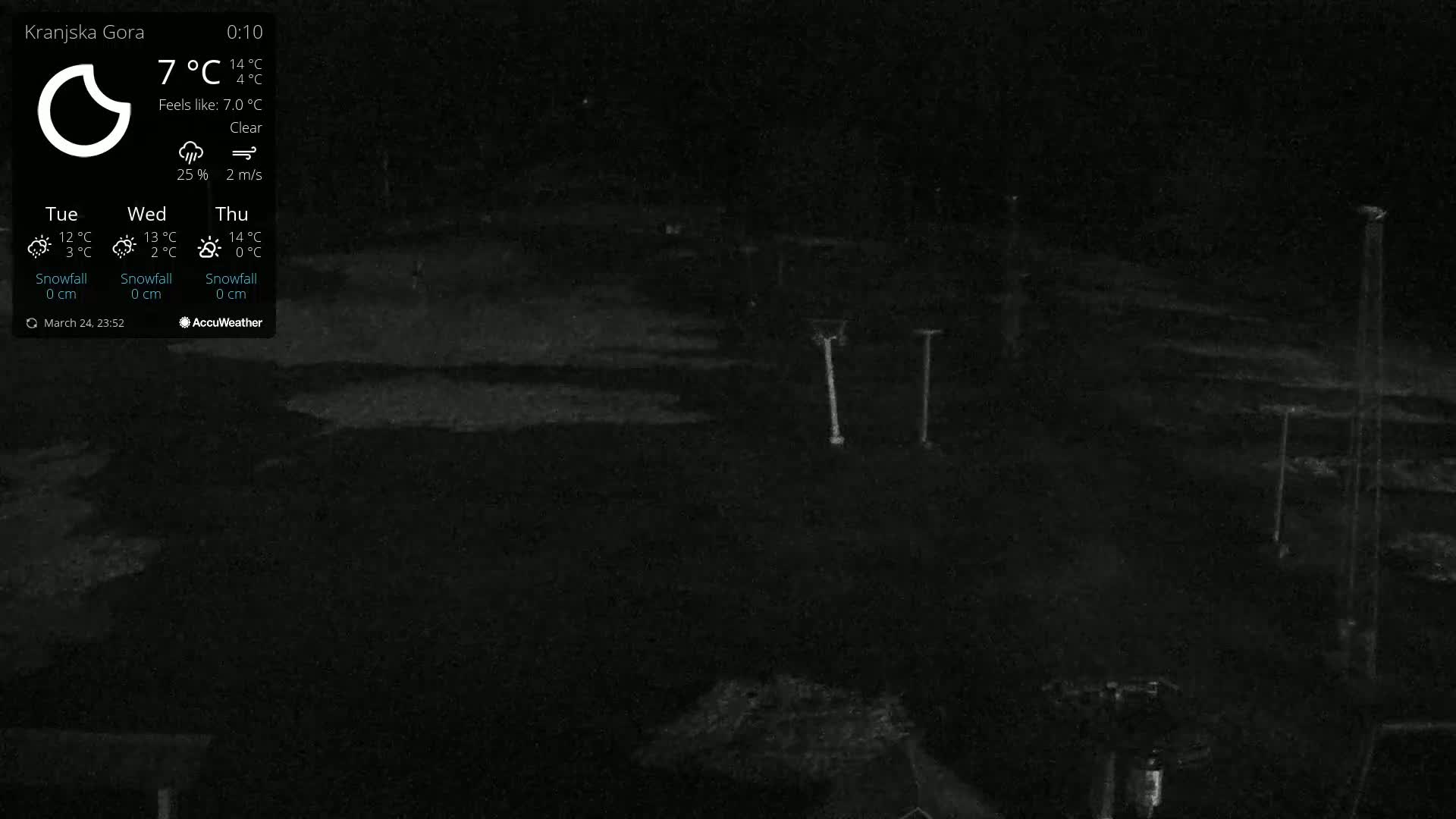 A nighttime, clear-weather view of a dark, mostly flat area with several tall, thin structures.
